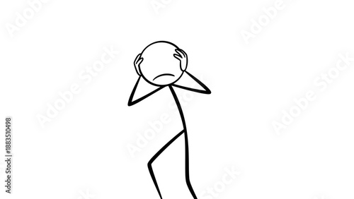 Stick figure man suffering from headache or intense stress on isolated white background.