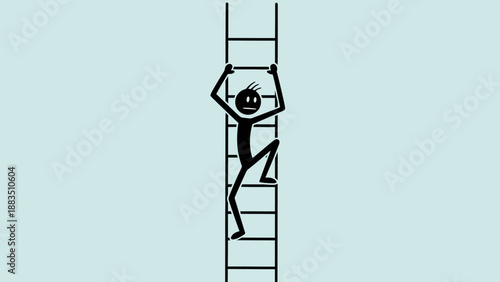 Black silhouette stick figure man climbing up a ladder, striving for success on a light blue background.