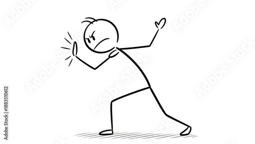 Angry Stick Figure Yelling and Pushing Away in Frustration on Isolated White Background