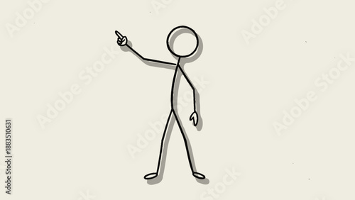 Stick figure man pointing finger up, indicating direction or an idea in a bright studio.