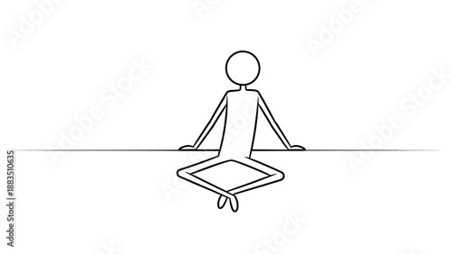 Calm stick figure man meditating in lotus pose, practicing mindfulness on an isolated white background.