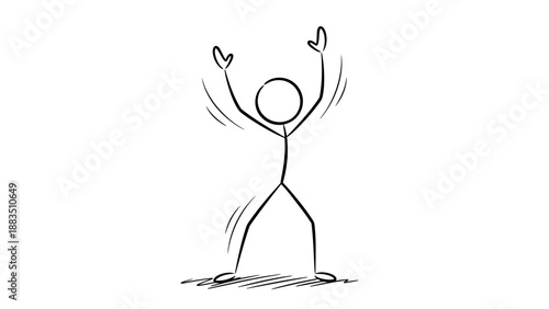 Happy stick figure man jumping with hands raised, celebrating success in a bright studio.