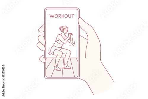 Online workout and sport concept. Human hand holding smartphone with sporty girl doing workout training squats online on screen vector illustration