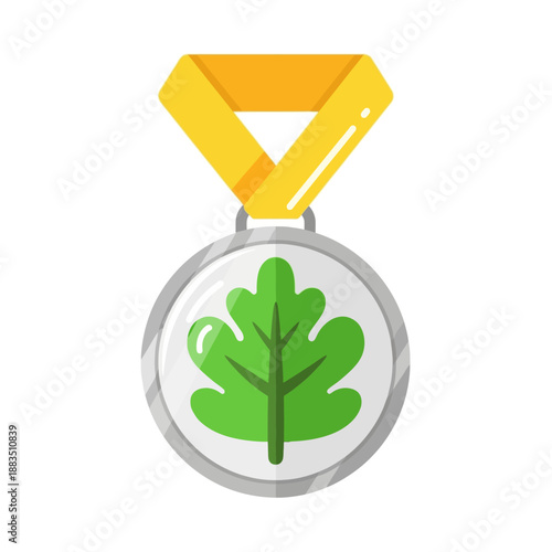 Silver Medal with Green Leaf Icon.
