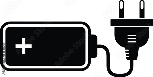 Battery charging icon with power plug silhouette, electric energy symbol for technology, mobile charging, and renewable electricity concept