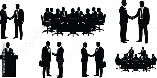 Business people silhouette set with handshake, meeting and conference scenes, black corporate vector illustrations isolated on white