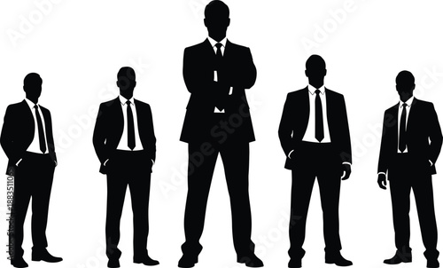 Businessmen silhouettes in suits standing together, corporate team leadership concept, successful office workers isolated on white