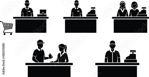 Cashier and customer silhouette set at checkout counter, black vector retail store service icons isolated on white