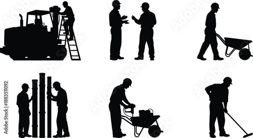 Construction worker silhouette set with tools and equipment, industrial labor people icons isolated on white background