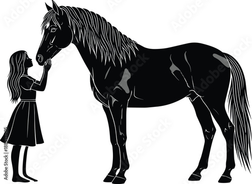 Girl with horse silhouette illustration, young woman touching equestrian animal in black vector style isolated on white