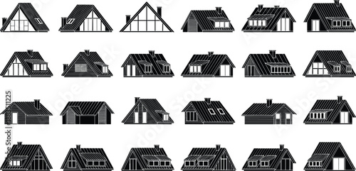 House roof silhouette set with different attic and dormer designs, black vector architecture icons isolated on white