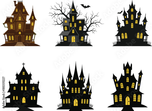 Haunted house illustration set for Halloween, spooky castle silhouettes with glowing windows, bats and dead trees isolated