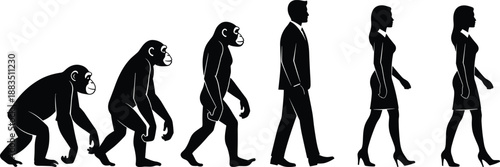 Human evolution silhouette concept from ape to modern people, black vector progression illustration isolated on white background