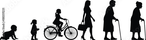 Human life stages silhouette from baby to elderly woman, aging process evolution concept, black figures isolated on white background