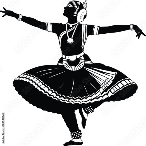 Indian classical dancer silhouette in traditional costume, black vector cultural dance illustration isolated on white background