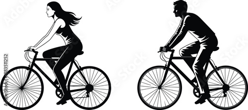 Man and woman cycling silhouette set, black bicycle riders illustration isolated on white background for sport design