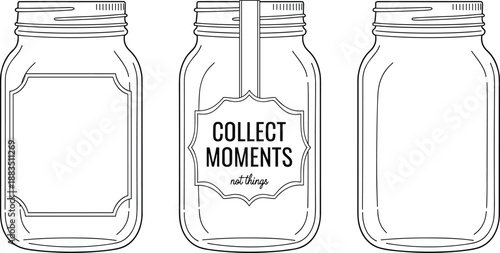 Mason jar outline set with label and quote, glass container line art vector illustration isolated on white background