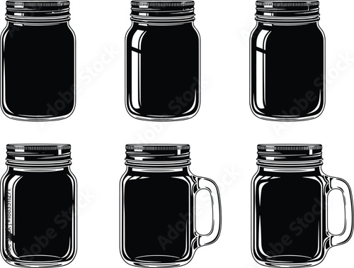 Mason jar silhouette set with lid and handle, glass container collection for kitchen storage, black vector isolated