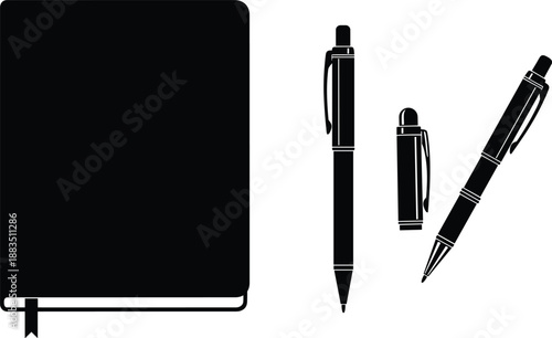 Notebook and pen silhouette set, black vector stationery icons for office and school supplies isolated on white