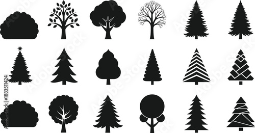 Tree and bush silhouette icon set, black forest symbols collection with pine and deciduous shapes isolated on white