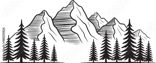 Mountain range with trees in black and white mountains forest