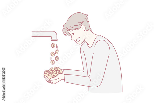 Financial success and profit concept. Young smiling businessman standing taking golden coins going from tap feeling positive dynamics vector illustration
