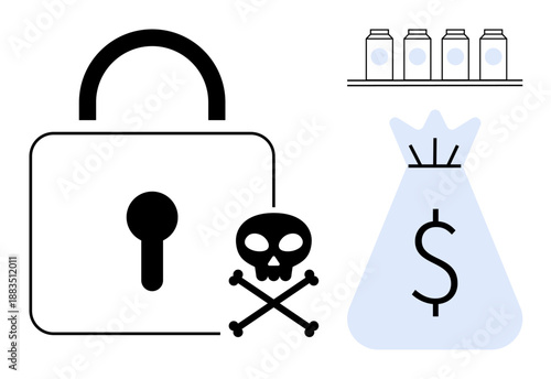 Lock with skull and crossbones representing security threats and cybercrime, money bag referencing financial risks, jars symbolizing savings and resources. Ideal for cybersecurity, financial crime