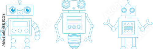 Three Cartoon Robots With Blue Outline On White Background