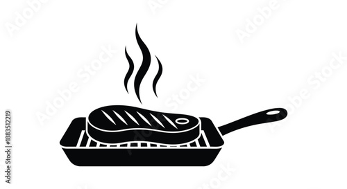 a simple black and white icon showing a steak sizzling in a frying pan