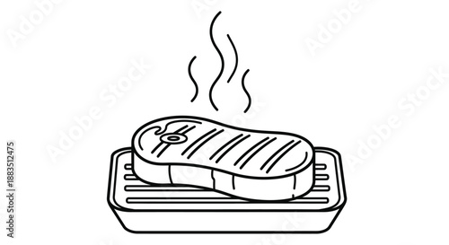 a black and white illustration depicting a grilled steak on a metal rack with rising steam