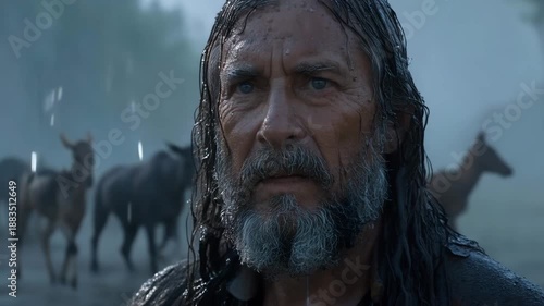 Eyes of Faith Before the Flood: image of Noah’s intense eyes beneath a soaked hood, reflected silhouettes of animals visible behind him, massive ark blurred in background, emotional leadership moment