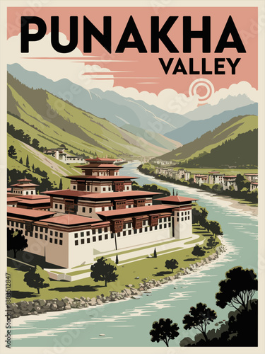 Geometric vector poster of Punakha Valley with Dzong fortress, river, and mountains in warm muted retro colors, mid-century modern travel style.