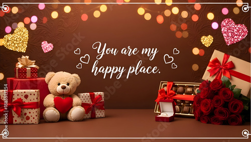 Valentines day gifts and decorations with teddy bear and heart shapes