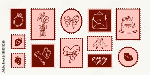 Hand drawn love mail stamps set with hearts, bows, wedding elements and decorative frames. Postal Valentine day vector illustration. 