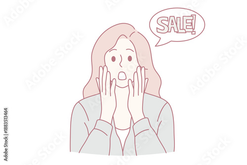Sale marketing and promotions discount concept. Portrait of young amazed surprised shocked woman with sale lettering aside touching face vector illustration