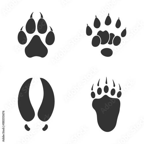 Footprints of  Animal, Traces of a Otter, Elk, Wolf, Bear on white background.  Silhouette animal tracks in gray. Paw Print for your  design. Vector illustration. EPS10.