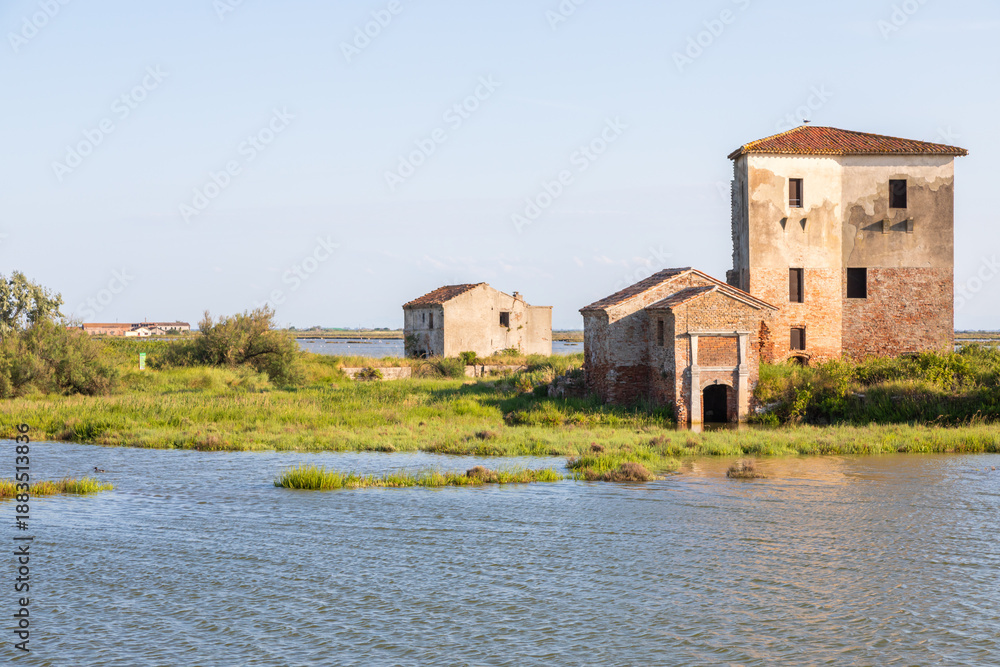Obraz premium Italy, Comacchio lagoon with blue sky. Panorama with country.