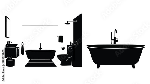 a black and white illustration showcasing various bathroom fixtures and design elements