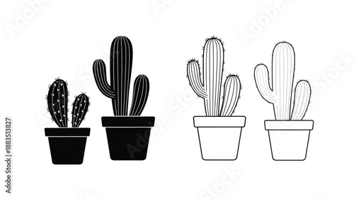 black and white line drawing of three potted cacti in simple planters