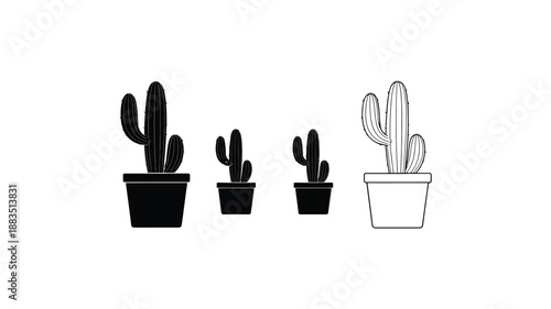 a black and white illustration of four potted cacti in varying sizes