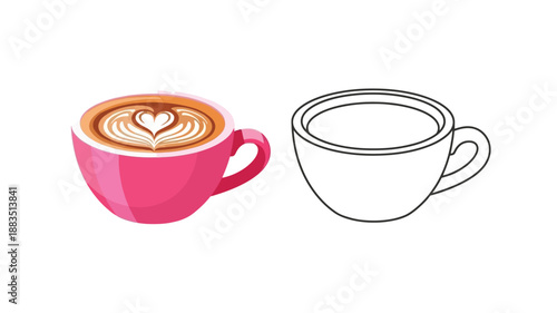 a vibrant pink cup of latte art alongside a simple white outline drawing