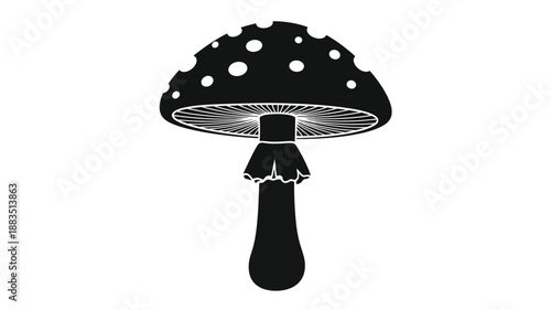 a simple black and white illustration of a distinctive mushroom with a dotted cap