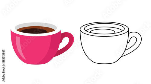 a colorful cup filled with dark coffee alongside a blank white outline illustration