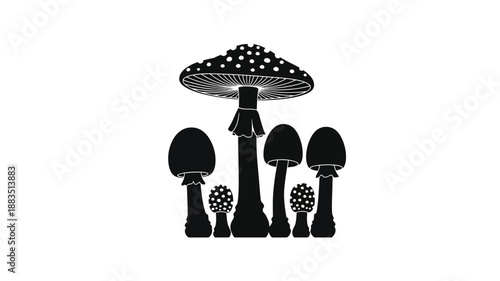 a black and white illustration depicting a cluster of mushrooms in a forest setting
