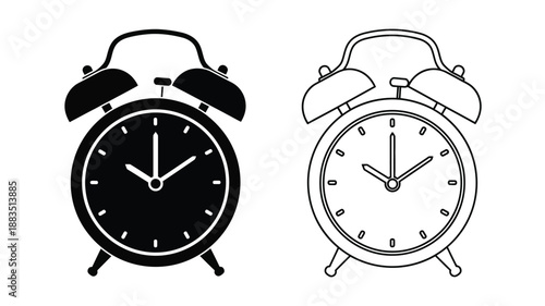 two black and white classic alarm clocks showing different times vector illustration