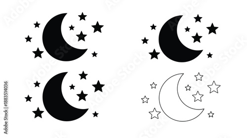 black and white illustration of two crescent moons surrounded by stars