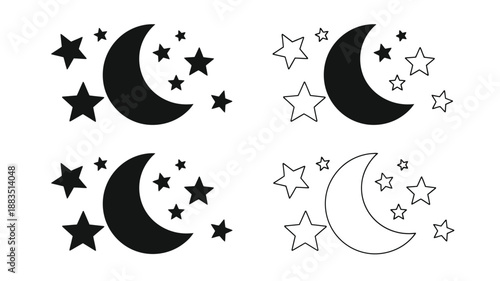 two sets of crescent moons and scattered stars graphic design illustration