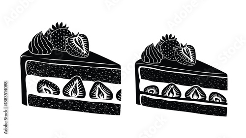 a black and white illustration of two slices of cake with fresh strawberries