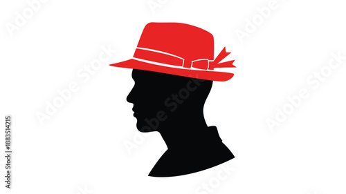 a silhouette of a man wearing a red fedora hat with a decorative ribbon