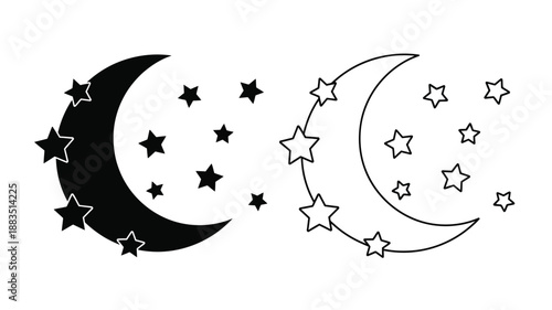 a simple illustration depicting a crescent moon and stars in a nighttime scene